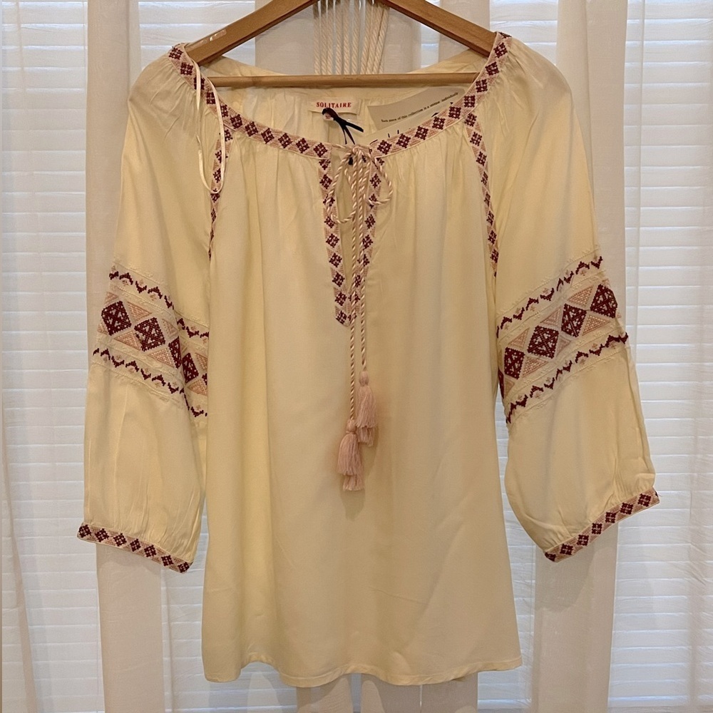 NWT Solitaire Boho Embroidered Peasant Top Women’s Size Small by Ravi Khosla